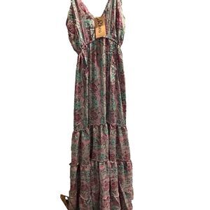 Rhea Boho Paisley Maxi Dress in Teal & Pink One Size